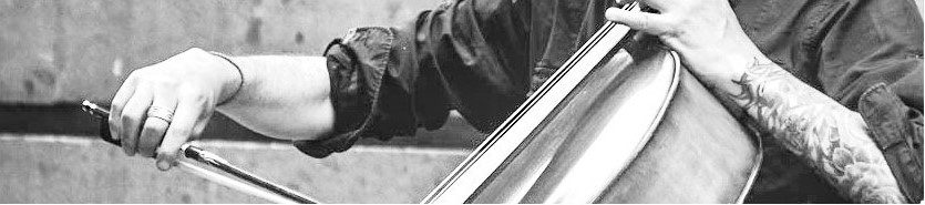 Mains sur un violoncelle, archet posé sur la corde, noir et blanc