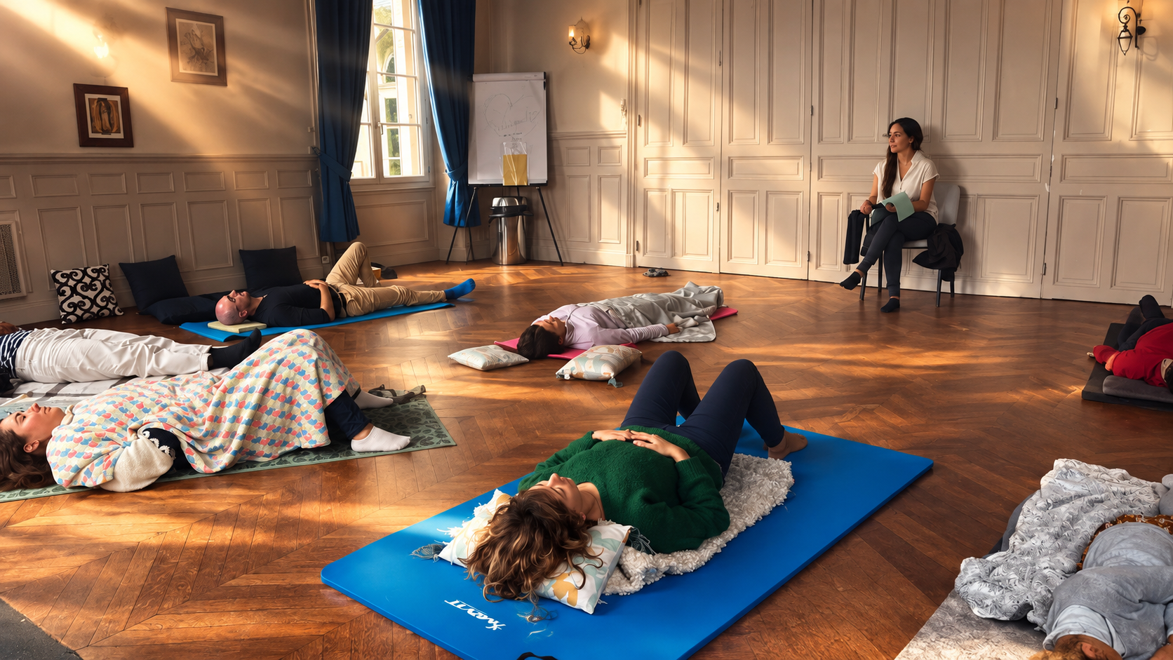Cours collectif du mercredi à Ecquevilly : élèves allongés sur des tapis dans une belle salle lambrissée, Blanche anime assise